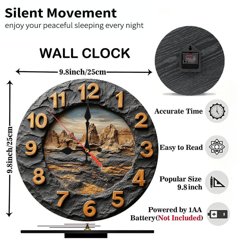 Stone Wall Clock Desert Landscape Mountain Scene
