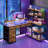 53'' L Shaped Corner Computer Desk with Drawers and Power Outlets, Gaming Desk with Storage Shelves and LED Light-2050298858