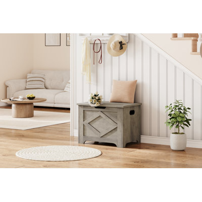 Banc coffre de rangement en bois gris délavé, coffre à chaussures robuste avec charnière de sécurité, supporte 300 lb, mobilier facile à assembler pour le salon de la chambre à coucher