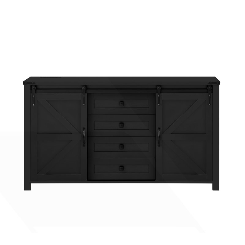 Sideboard With Storage, Farmhouse Storage Cabinet With Sliding Barn Doors And 4 Drawers, Black