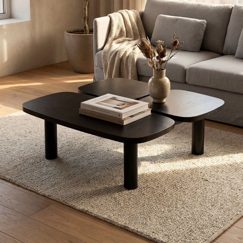 42" Modern Wood Modular Coffee Table With Solid Wood Legs, Ash Veneer Top, Living Room Center Table, Black