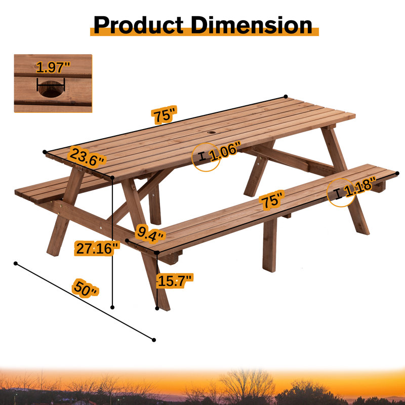 Table de pique-nique en bois massif, Brun