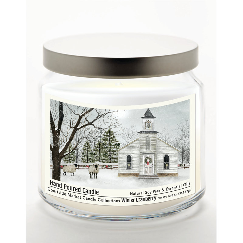 Bougie en pot de verre de 400 g (14 oz) avec couvercle en métal argenté brossé, motif chapelle de Noël