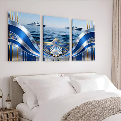 «Blue and Silver Art Deco Ocean Scene», ensemble de 3 reproductions d'art sur toile tendues sur toile