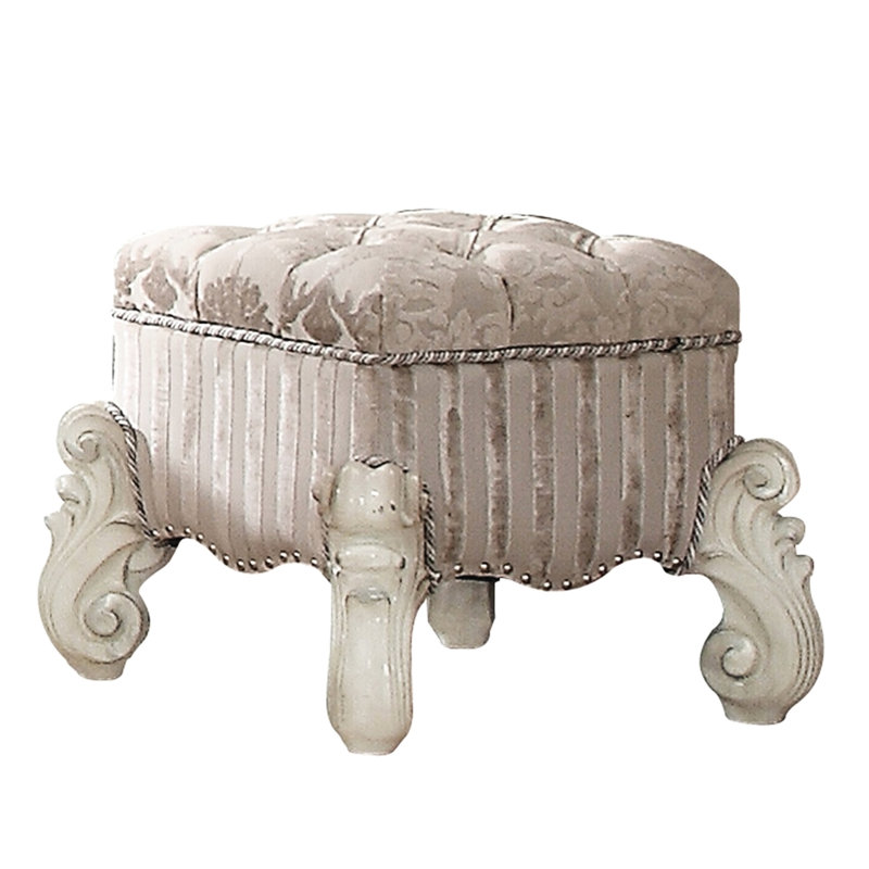 White Vanity Stool With Upholstery And Wooden Base Rectangular Bone Soft Padded Seat Chic Design