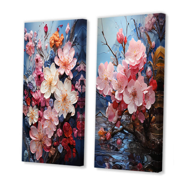 Japon, mosaïque de fleurs, "Waterside", ensemble d'art mural japonais sur toile, H 28 po x l 25 po, Toile tendue