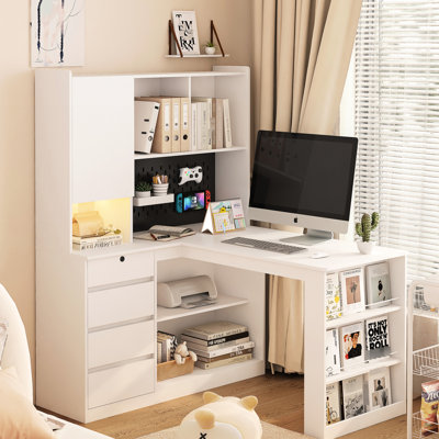 Bureau en L avec tiroirs et ports de chargement - Pratique pour le télétravail, support pour ordinateur et téléphone en forme de L, poste de travail moderne avec éclairage DEL