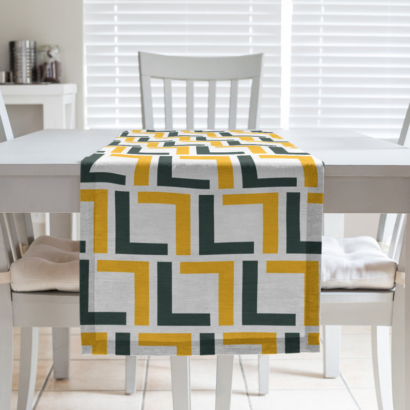 Chemin de table Carolina, 72 po x 16 po, Coton, Blanc / vert foncé / or
