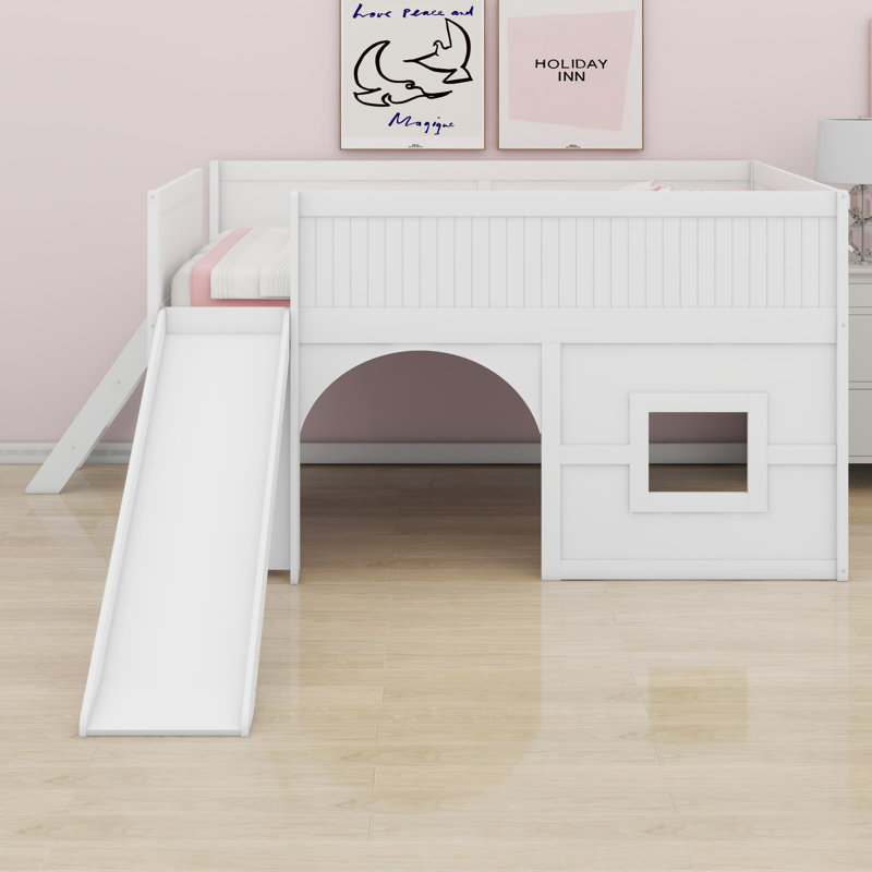 Low Profile Loft Bed Featuring A Slide And Shelves, White