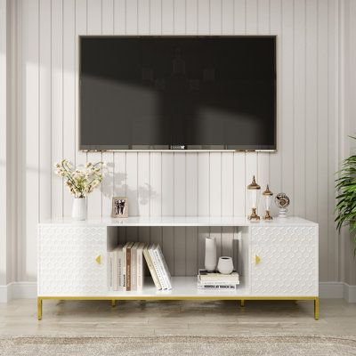 Modern TV Stand for TVs up to 70 Inches, Entertainment Center with Cabinet Storage, Open Shelves and Cable Management, White