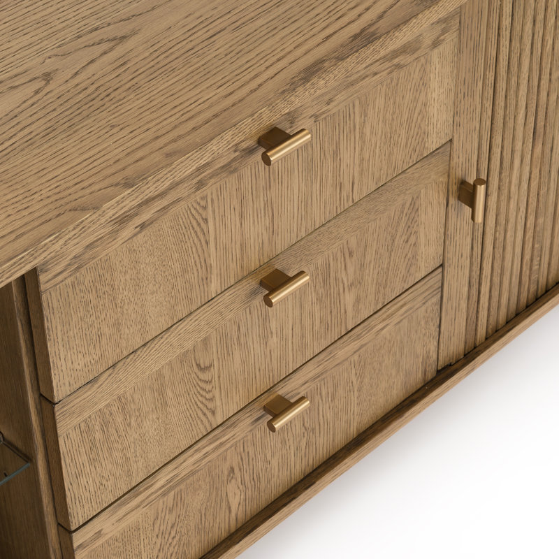 Crédence de style Mid-Century avec portes en tambour et bordure en laiton de 63 po Corrigan Studio Mandea, Chêne