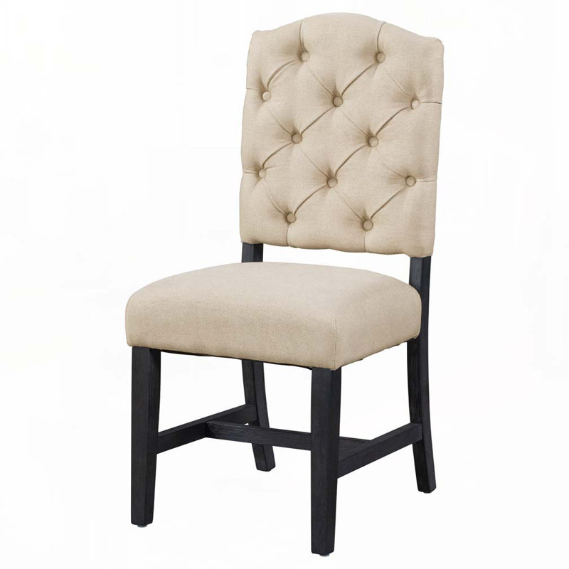 Fabric Upholstered Dining Chair Set with Tufted Upholstered Back,Wood Legs, Light Beige, Black