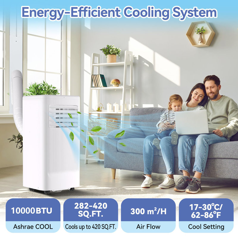 Climatiseur portatif Efficient 10000 BTU - Refroidissement 3-en-1, déshumidificateur et ventilateur - Climatiseur au sol avec affichage DEL, télécommande, fonctionnement silencieux, ensemble de fenêtre - Refroidit les pièces jusqu'à 560 pieds carrés