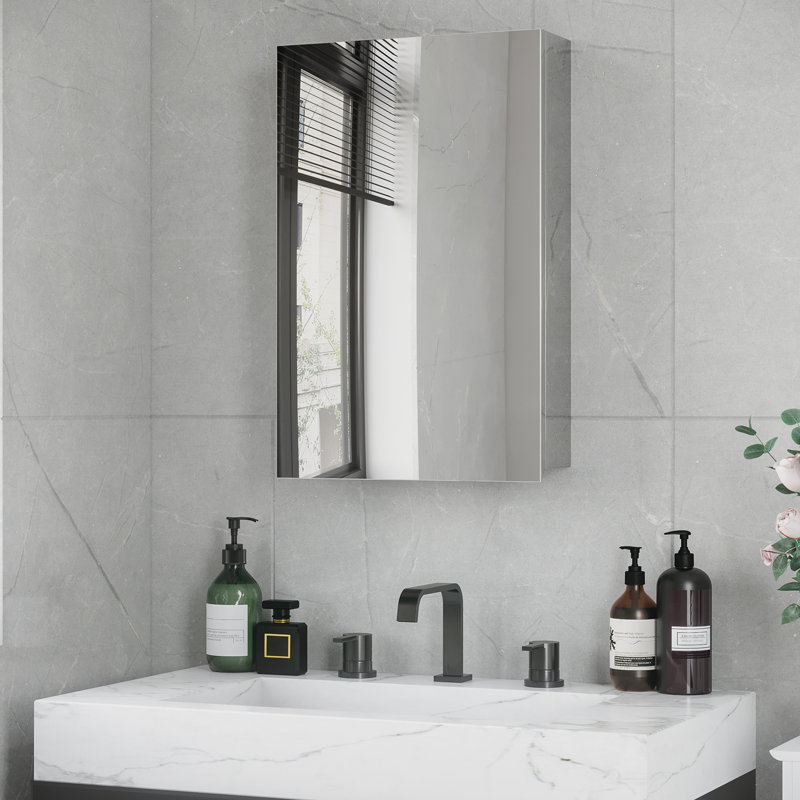 Armoire à miroir argentée - 15 po x 24 po, pour salle de bain, salon et salle de lavage, porte à charnières avec tablettes 15,03 po, 23,19 po et rangement de salle de bain