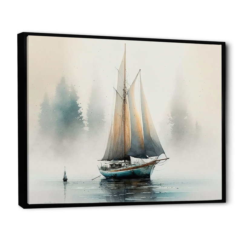 Sailboat Anchored - Print on Canvas, 30" H x 40" W x 1.5" D, Black Floater Framed