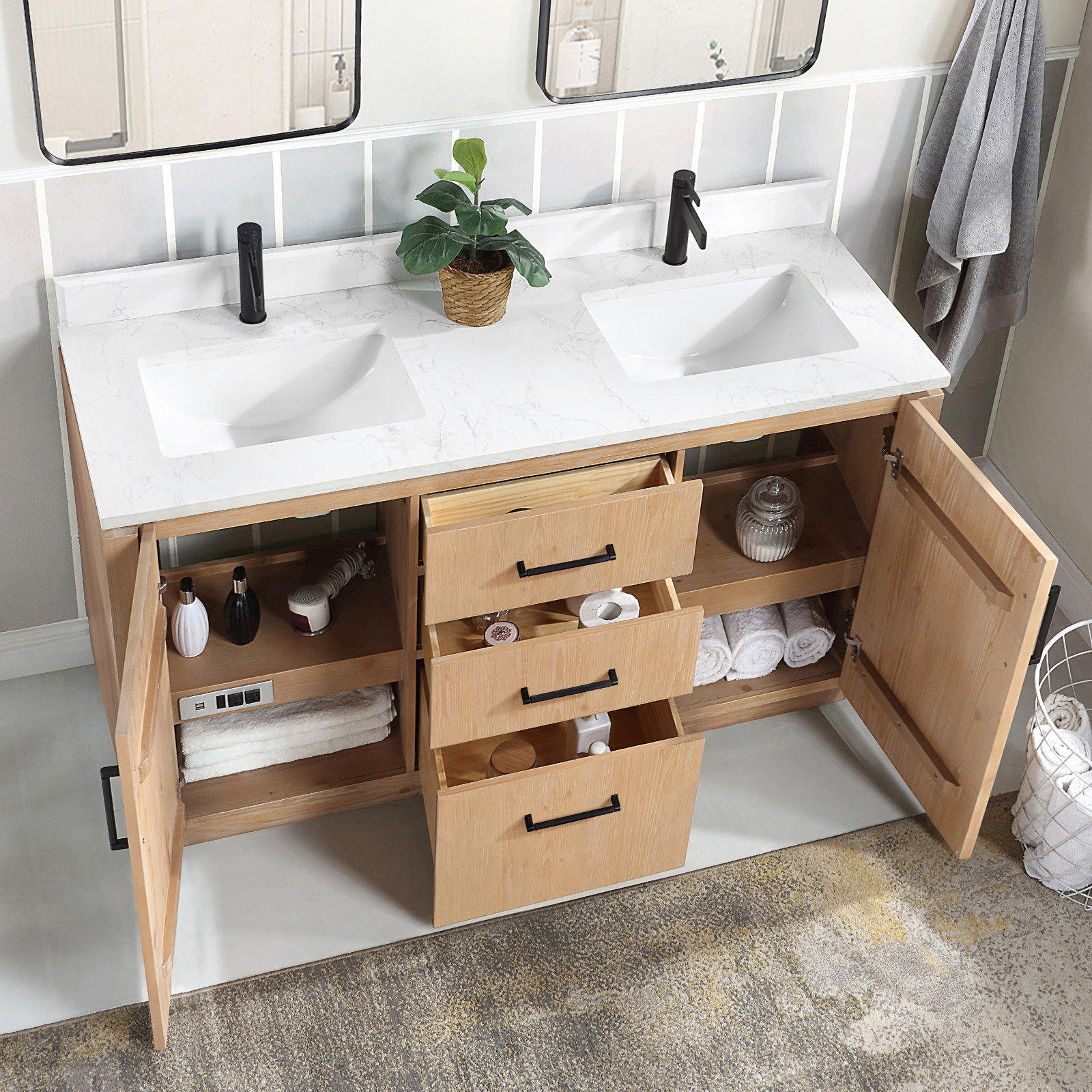 Cloverfield 60'' Double Bathroom Vanity, Fir Wood Brown, Matte Black