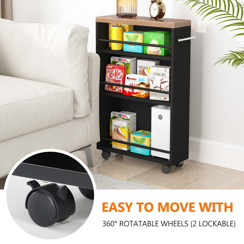 Black Wood Slim Kitchen Cart with Storage and Wheels