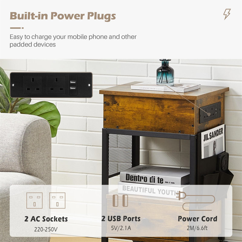 Lift Top With Charging Station Side Table with Storage