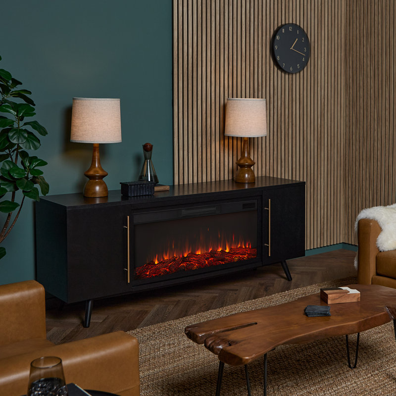Morris 72" Mid-Century TV Stand with Electric Fireplace by Real Flame, Black, Standard
