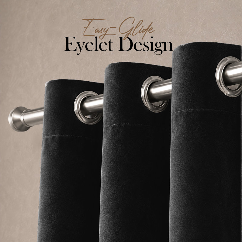 Thermal Velvet Curtains with Eyelet Ring Top - Blackout Crushed Velvet Drapes Pair, Black, 117cm Width x 137cm Drop