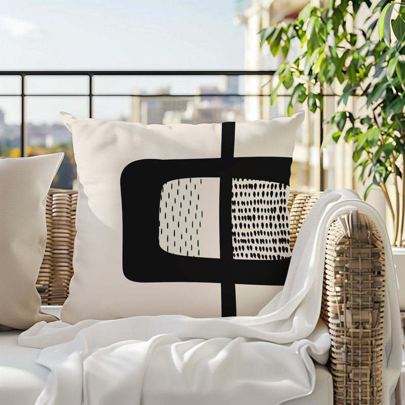 Coussin carré intérieur / extérieur pia, H 19 po x l 19 po, Blanc cassé / noir