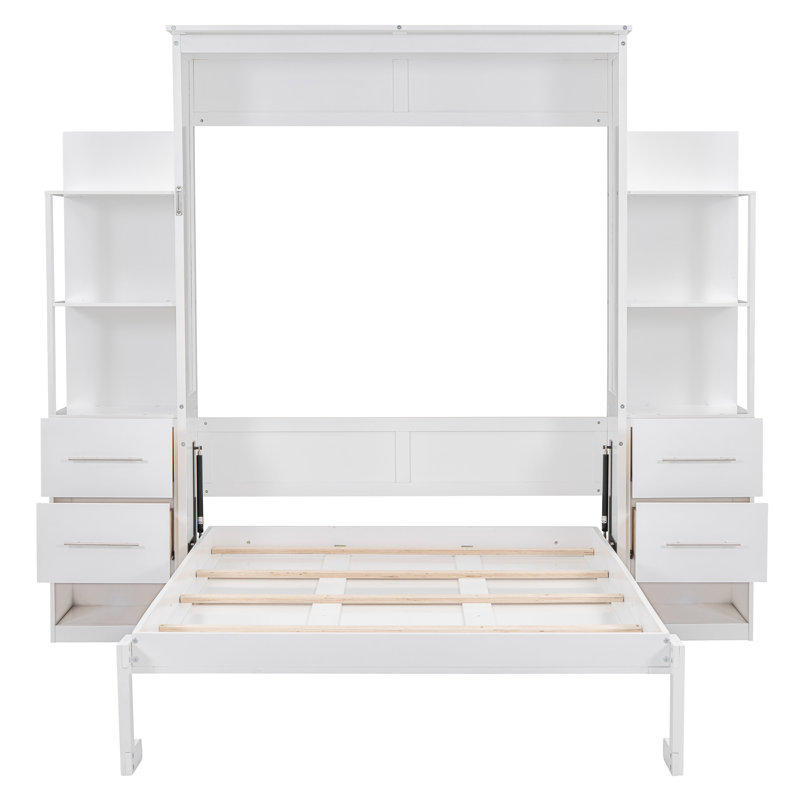 Lit escamotable avec bibliothèque, tiroirs et lumières DEL Hakancan, Double, Blanc