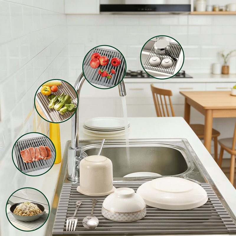 Égouttoir à vaisselle pliable au-dessus de l'évier, tapis de séchage résistant à la chaleur et antidérapant enduit de silicone, organisateur de cuisine polyvalent pour vaisselle, batterie de cuisine et comme sous-plat ou passoire