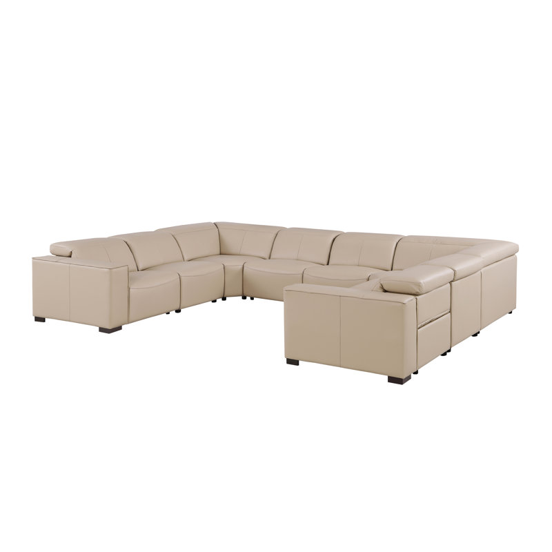 Arcadia Luxurious 8-Piece U-Sectional In Genuine Leather With 2 Power Recliners With Power Headrests, Beige