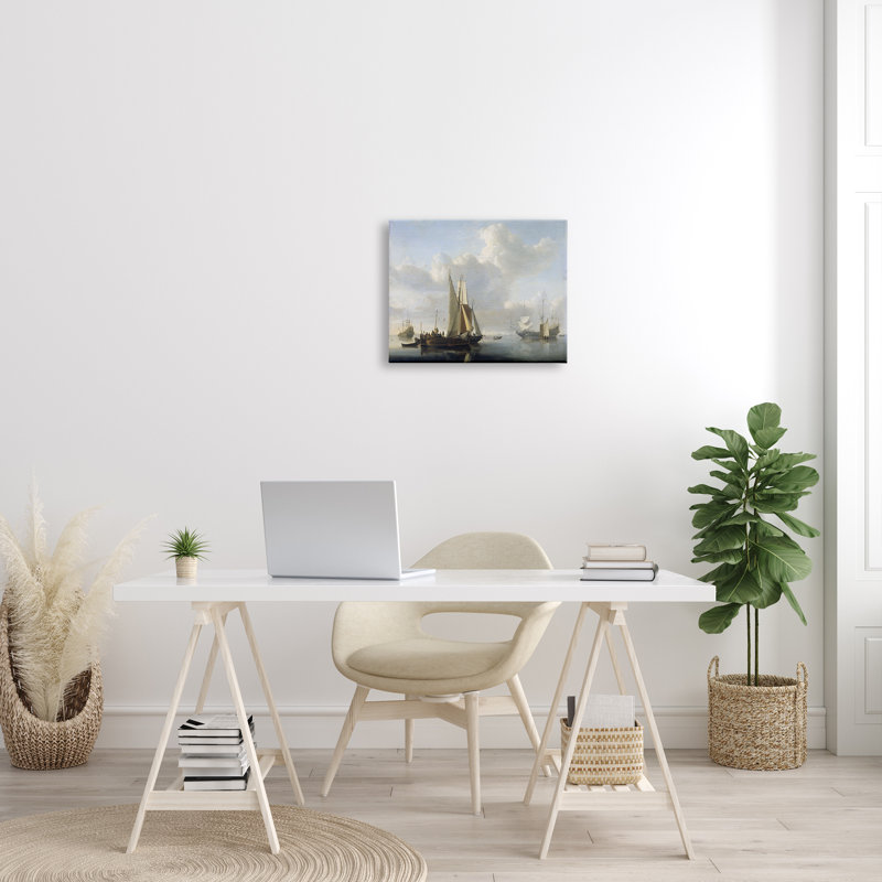 Navires avant le rivage, peinture classique sur toile - Peinture sur toile, H 16 po x l 20 po x P 1,5 po, Toile tendue