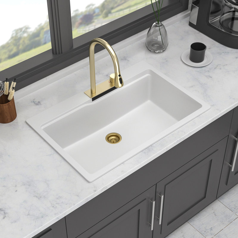 Drop In Waterfall Kitchen Sink - 33" X 22" X 10" White Composite Granite Quartz Single Bowl Workstation Kitchen Sink With Pull-Down Faucet