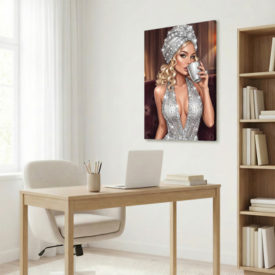 Tableau sur toile tendue représentant une femme en robe argentée et turban, ornée de diamants étincelants (lot de 1).