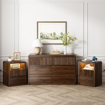 Kizzy 3 Pieces Fluted Bedroom Set, 8-drawer Dresser & 2 Nightstands, Multi-use Cabinet For Bedroom Dresser, Tv Stand & Sofa End Table,