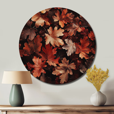 Red Falling Oak Leaves II - Traditional Red Metal Art Print, Leaves Round Metal Wall Decor
