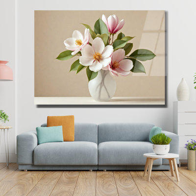 Art mural en verre trempé beige botanique minimaliste, vase à fleurs, décor de maison de campagne