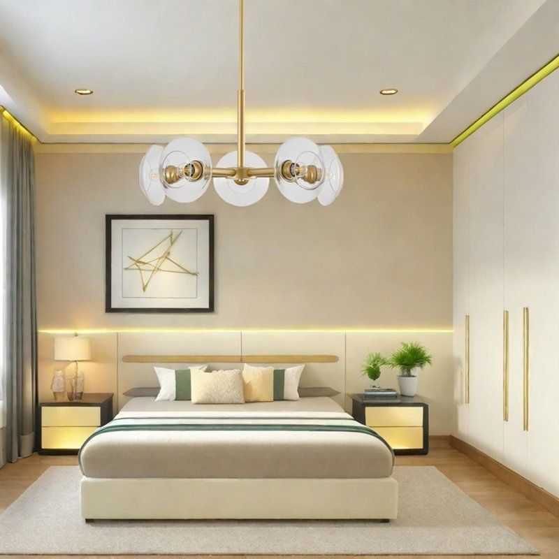 Lustre doré à 5 lumières avec design spoutnik, lustre moderne en métal linéaire, luminaire à hauteur réglable