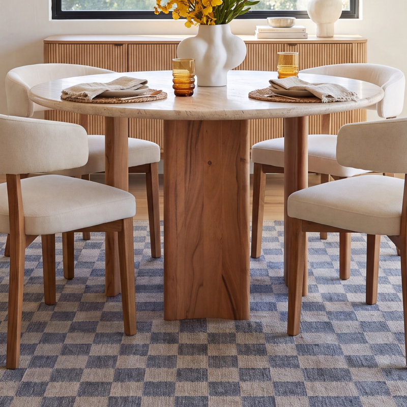 Catalena Round Stone Top Solid Wood Base Dining Table