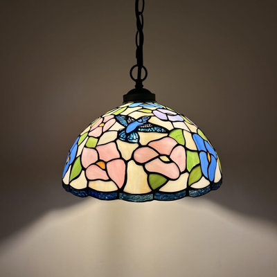 Luminaire suspendu Kleist Tiffany avec fleurs de colibri en verre coloré rose et bleu DEL l 12 po x P 12 po x H 60 po