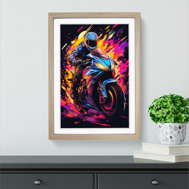 Motorbike Digital - Single Picture Frame Print on Wood, Oak Framed, 34cm H x 25cm W x 2cm D