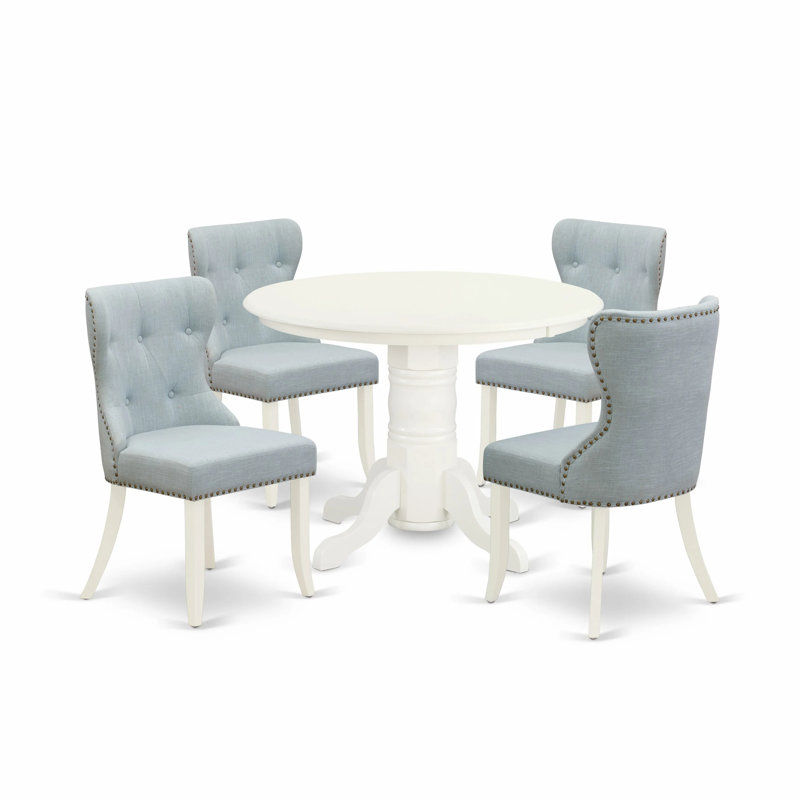 5 Piece Dining Table Set for 4 Includes a Round Kitchen Table with Pedestal and 4 Baby Blue Linen Fabric Parson Dining Chairs, Linen White