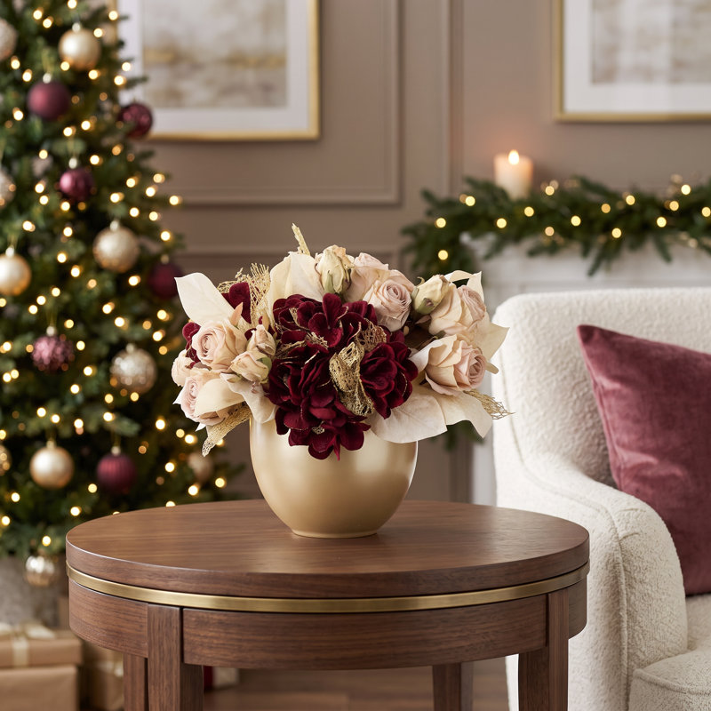 Hydrangea and Magonlia Leaf Holiday Centerpiece, Burgundy