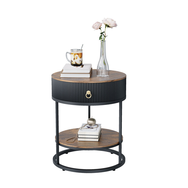 Round Side Table with Storage Drawer & Open Shelf, Black, Black