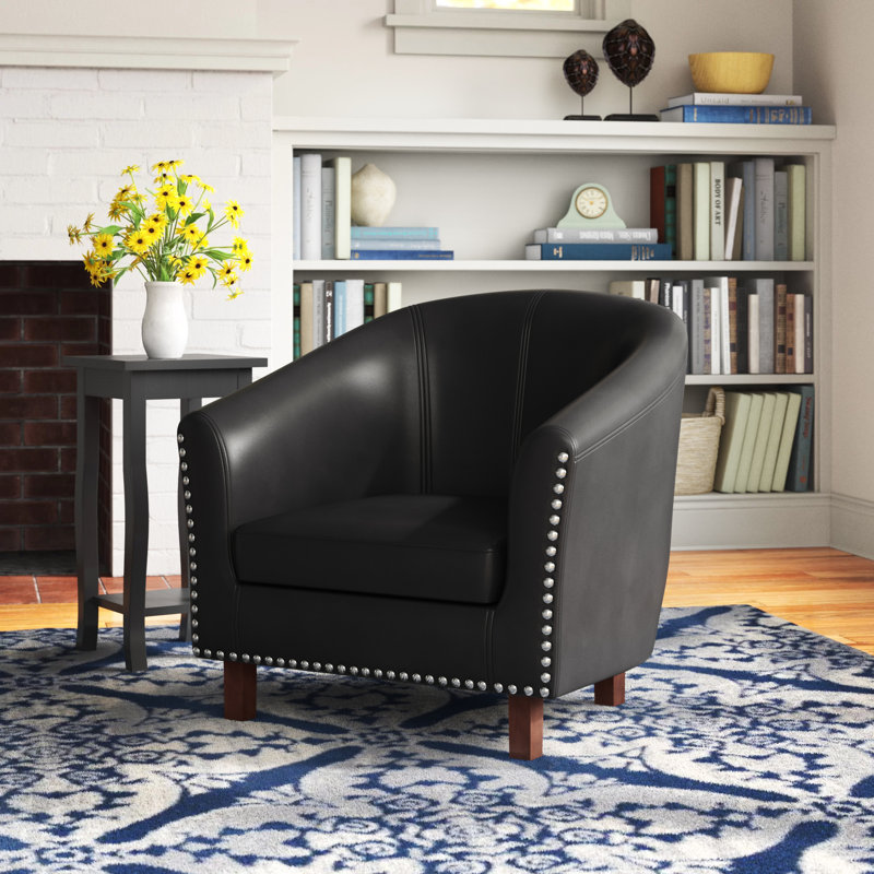 Marwood Faux Leather Barrel Accent Chair with Rubberwood Legs, Black