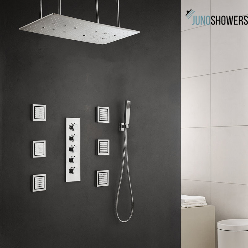 Système de douche moderne en acier brossé avec valve thermostatique et douchette de pluie