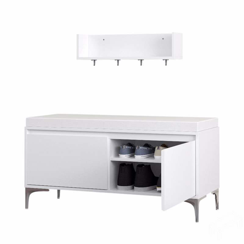 Wall-Mounted Entryway Shelf With Hooks And Storage Bench Set, Modern White Shoe Cabinet With Cushion And Closed Storage