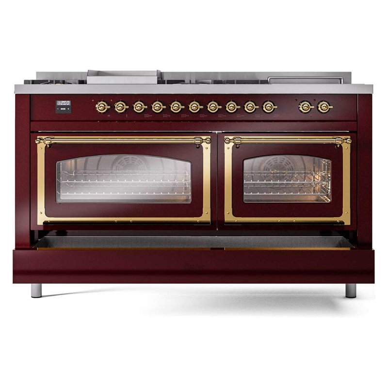 Cuisinière ILVE Nostalgie II Série 60 po à double combustible avec 7 brûleurs scellés, plaque de cuisson, table française (propane liquide, porte vitrée)