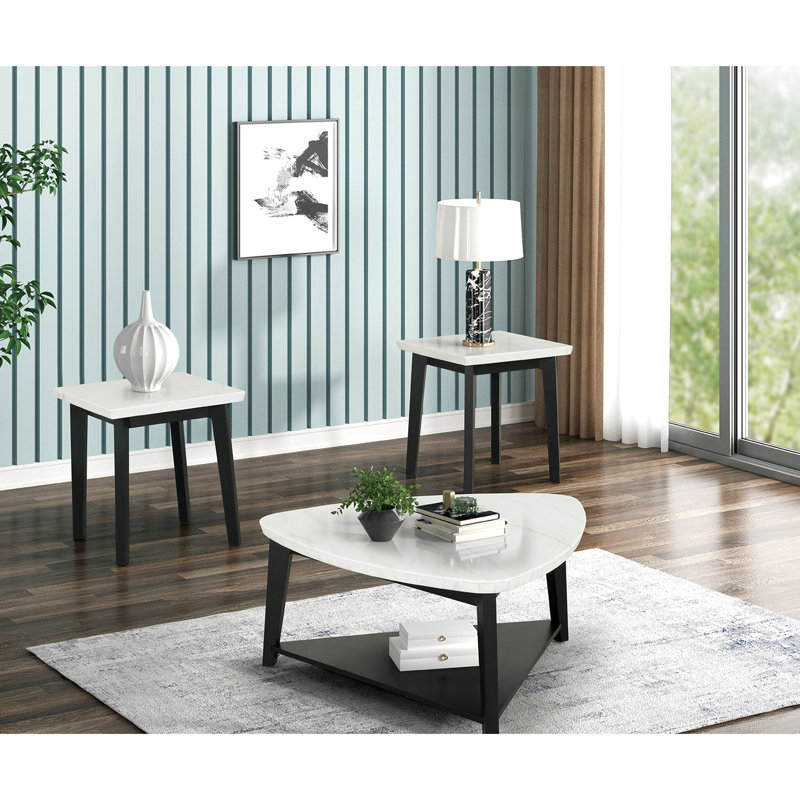 Table basse Marble Triangle de style contemporain, finition blanche et noire, bois d'ingénierie en bois massif, 40 po x 19 po, table de salon incontournable, avec tablette inférieure, l 40 po x P 40 po, 19 po
