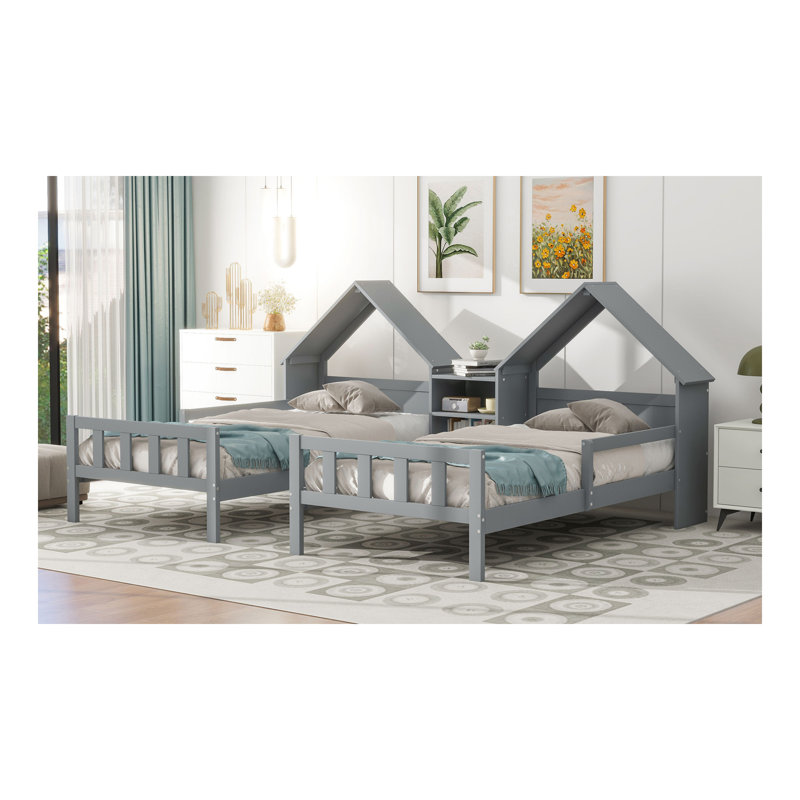 Lit plateforme simple double avec tête de lit en forme de maison et table de chevet intégrée, gris
