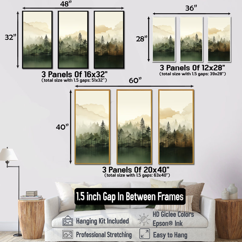 Minimalisme, forêts, fréquence, ensemble d'art mural sur toile, Cadre flottant noir, H 28 po x l 36 po x P 1 po