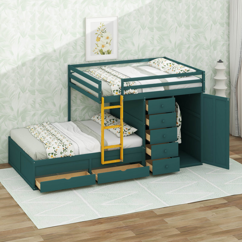Lit superposé double avec tiroirs de rangement et garde-robe, structure de lit superposé en bois avec échelle, Vert Morandi