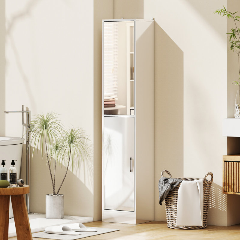 kleankin Tall Mirrored Bathroom Cabinet Tallboy High Gloss White
